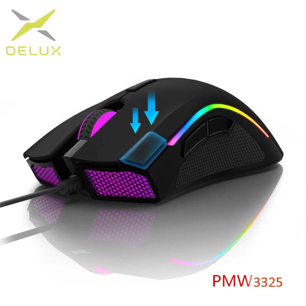

Delux M625 PMW3325 Wired Gaming Mouse 5 Levels Max to 10000DPI 7 Buttons RGB Back light Optical Wired Mice Fire Key For FPS PUBG