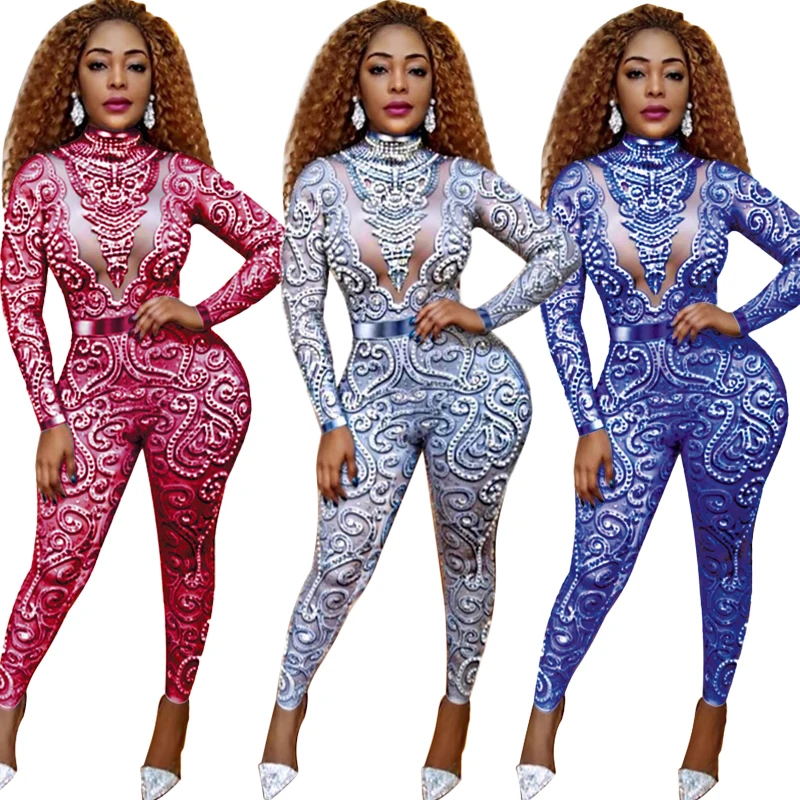 Nightclub Singers Jumpsuit Long Sleeves Birthday Celebrate Outfit Stretch Sexy Bodysuit Stage Performance Dance Rompers DT1098