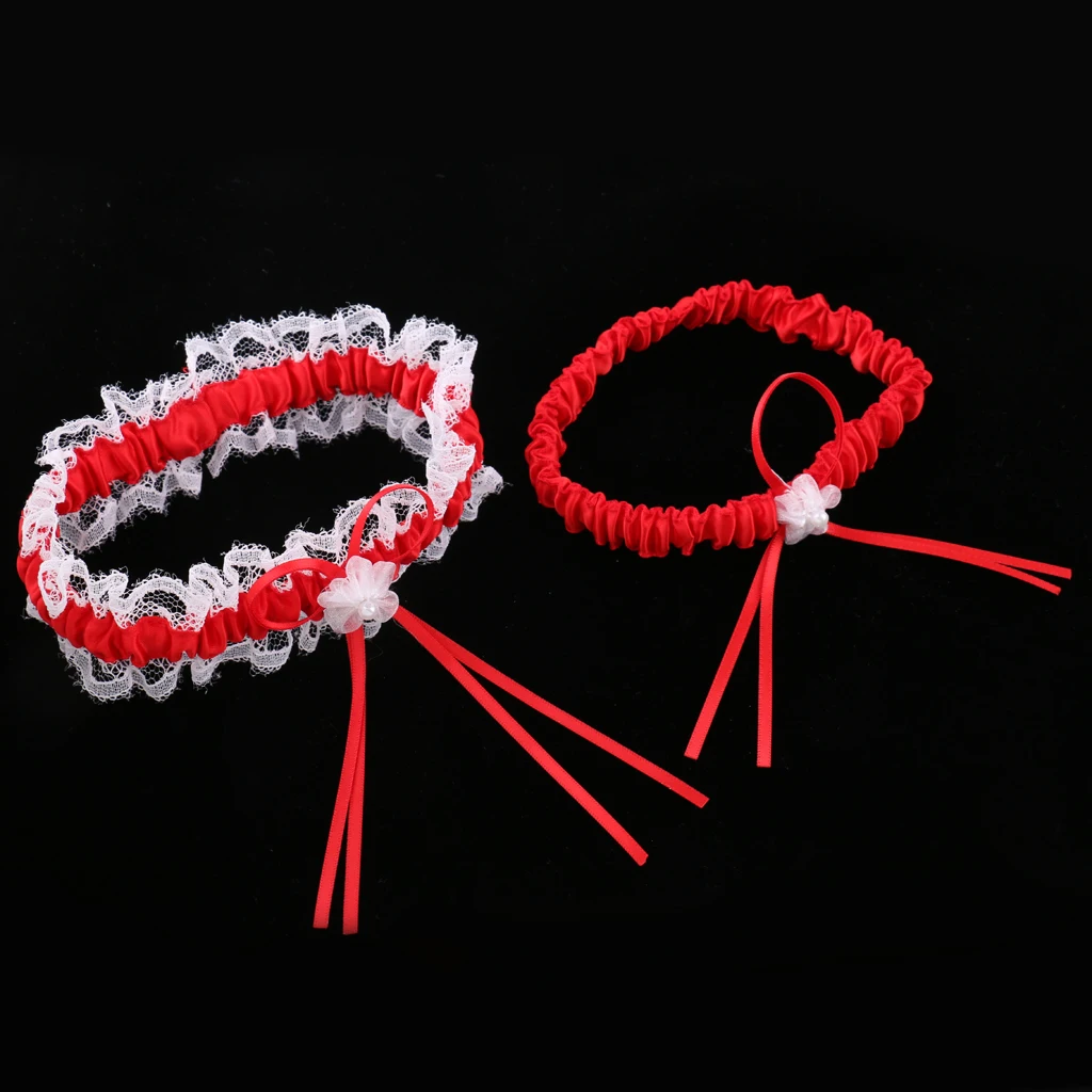 2Pcs Rustic Bridal Wedding Garter Floral Stretch Bridal Lace Satin Bowknot Thigh Ring Soft Socks Hen Party Lace Pearls Garter