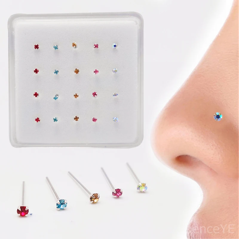 Nose Piercings 20pcs/pack 925 sterling silver Nose piercing 2 mm multicolor Nose Studs Straight Pin nostril jewelry