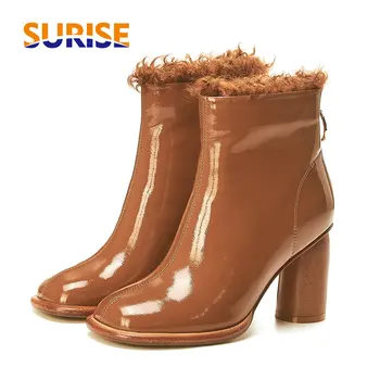 

Genuine Leahther Women Ankle Boots Brown Black Plush Casual Office Lady High Block Heel Square Toe Winter Fur Zipper Short Boots