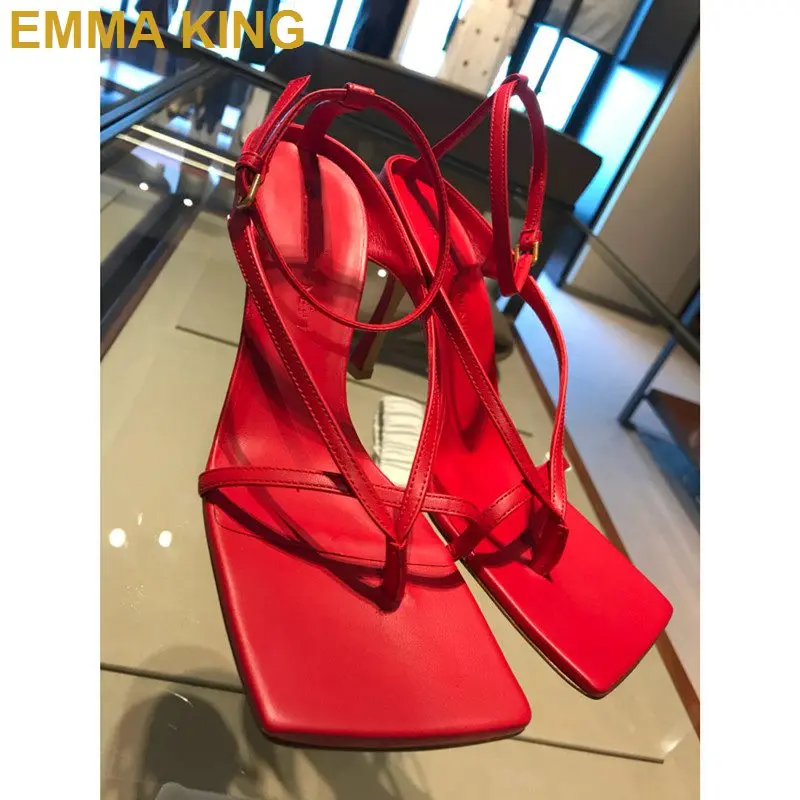 Шикарные женские босоножки с квадратным носком летние туфли на высоком каблуке черные/красные кожаные римские туфли женские сандалии-гладиаторы Mujer - Цвет: Красный