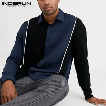 

INCERUN Fashion Men Dress Shirt Patchwork Long Sleeve Lapel Breathable Button Blouse Street Brand Casual Business Shirt Men 2020