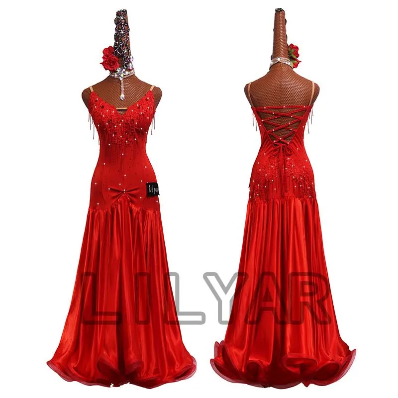 Ballroom Dance Standard Skirt Competition Costumes Performing Dress Customize Adult Kids Red Embroidered