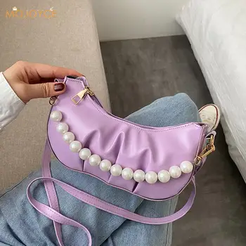 

Youth Ladies Simple Versatile Bag Portable Women Pearl Chain Handbag PU Leather Lady Pleated Casual Shoulder Bag