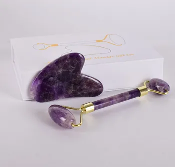 

Natural Face Roller Set Amethyst Face Massage Roller Gua Sha Facial Tool Beauty Hand held Jade Stone Healing Massager