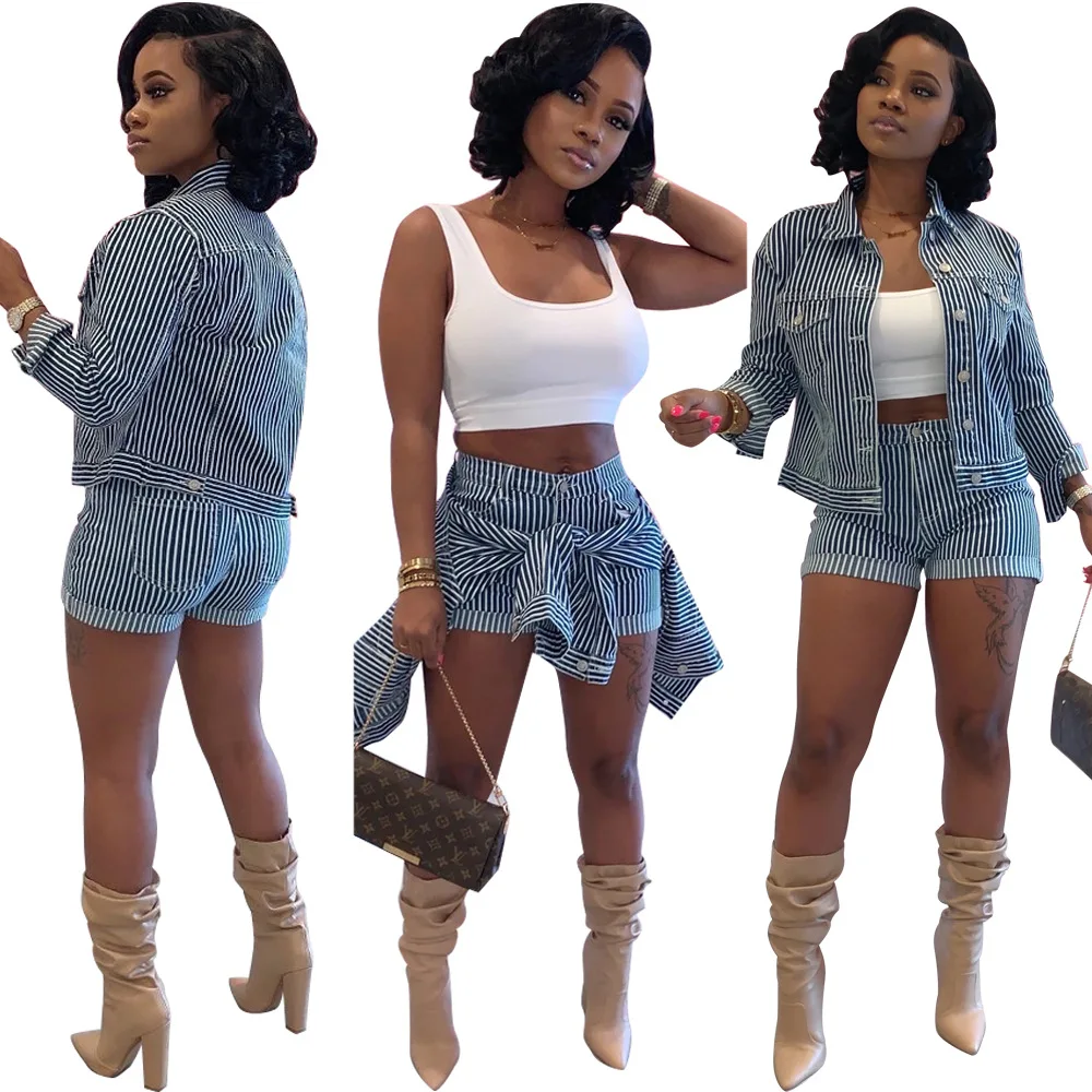 

Striped Jacket 2 Piece Set Women with Short Pants Long Sleeve Top and Mini Shorts Women Two Piece Outfits Summer Lady Clothes