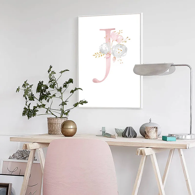 26 English Letters Personalized Custom Name Canvas Print Nursery Pink Flower Wall Art Paintings for Living Room Decor N | Дом и сад