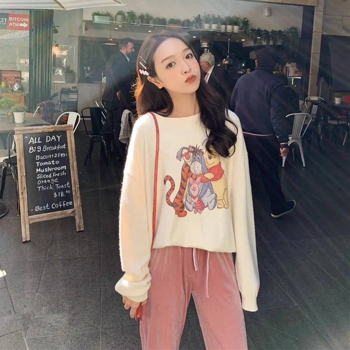 

Covering Yarn Knitted Sweater Women Fall 2019 Korean Cute Kawaii Cartoon Winnie the Pooh Print Pattern Pullover Knitwear T408