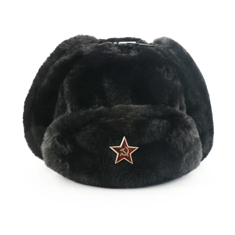 CAMOLAND Soviet Trapper Trooper Hat Mens Army Military Russian Ushanka Bomber Hat Winter Warm Caps Pilot Faux Rabbit Fur Earflap thermal aviator bomber hat Bomber Hats