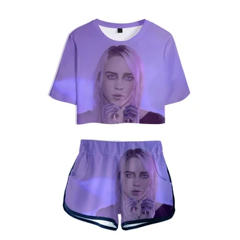 

Hot Arrive Billie Eilish 3D Exposed Navel T shirt+shorts women's/girl's two-piece sets Summer Hip Hop casual 3D pretty clothing