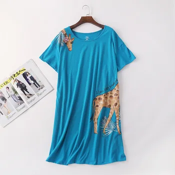 

Comfort Cotton Short Sleeve Homewear Dress Casual Wear Ladies Loose Large Size Sleep Dress Cartoon Giraffe Printed Summer New