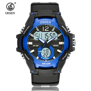 

OHSEN Fashion Digital Sport Watch Mens Quartz Wristwatch Rubber Band Blue 50m Waterproof electronic LED male Watch Relogios Gift