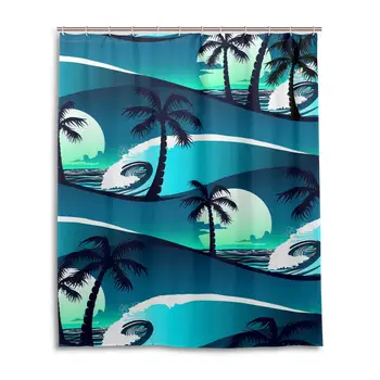 

Tropical Palm Trees Polyester Fabric Bathroom Curtain Sets with 12 Hooks