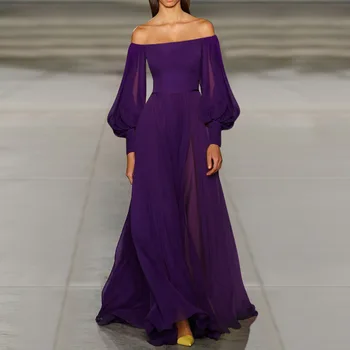 

Purple Maxi Dress Off Shoulder Long Sleeves A Line Lace Vestidos 2020 Floor Length Elegant Women Evening Party Vacation Dresses