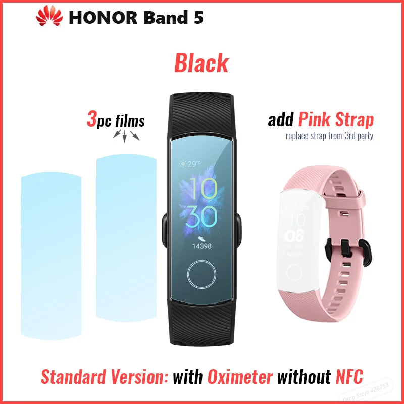 Умный Браслет huawei Honor Band 5 с кислородом крови, магическим экраном, спортивный браслет для здоровья, монитор для плавания, пульсометр, сон - Цвет: BLK add PNK strap