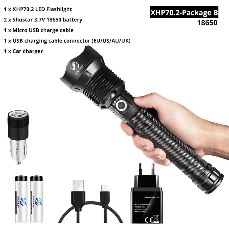 XHP70.2-18650-B Мощный светодиодный фонарик с XHP 70,2, лампа с бусинами, масштабируемый, 3 режима освещения, светодиодный фонарь, поддержка для Mircro зарядки, Охотничья лампа - Испускаемый цвет: XHP70.2-18650-B