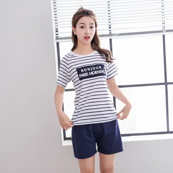 

Short Sleeve Casual Striped Cotton Shorts Pajama Sets for Women New Summer Korean Sleepwear Pyjama Homewear Pijama Mujer Clothes