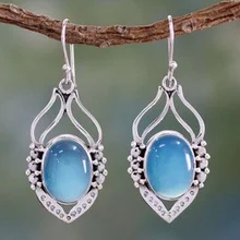 

Retro Oval Sky Blue Stone Earring for Women Ethnic Jewelry Vintage Silver Color Metal Hollow Dangle Earrings Pendientes