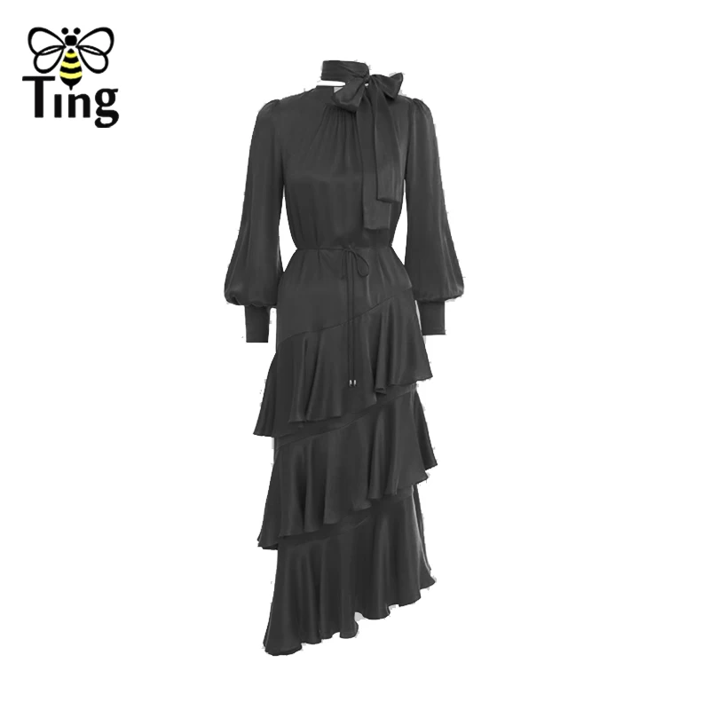 Tingfly дизайнерское модное многослойное длинное платье миди с оборками винтажное женское элегантное платье для работы Повседневная Уличная одежда свободная талия Vestidos - Цвет: Черный