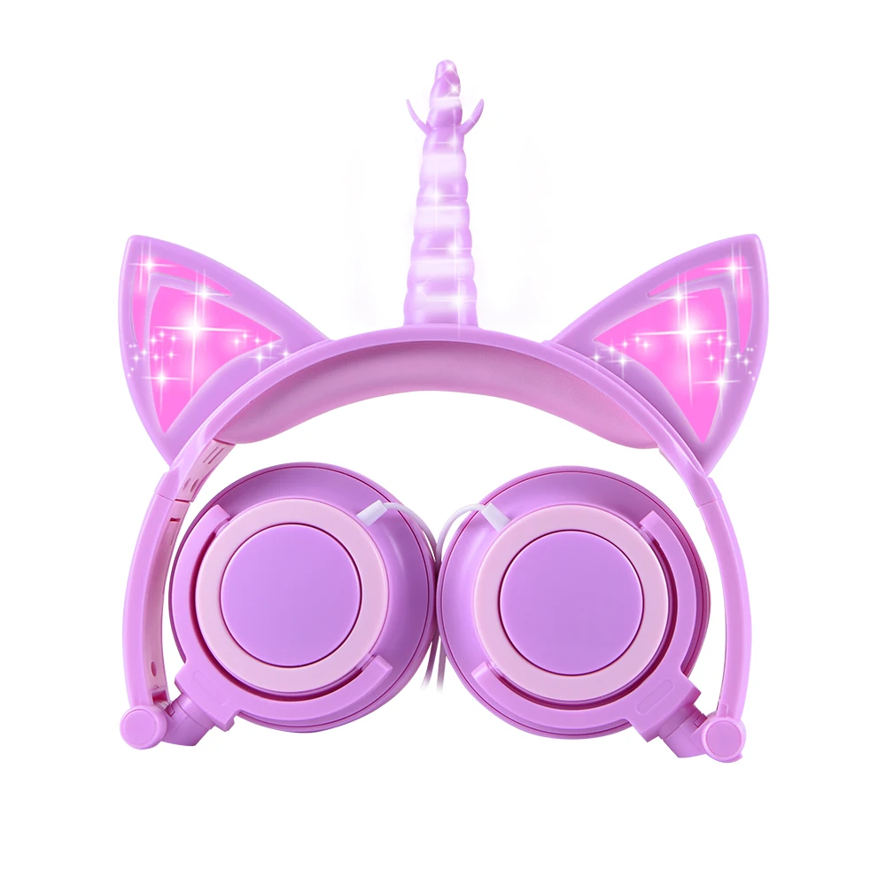 Kids Headphones LED light Unicorn Headset Foldable Stereo Bass Music Headphone For PC Phones Kids Gift