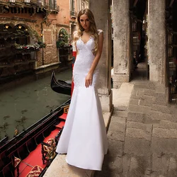 Sumnus Mermaid Satin Wedding Dress Cap Sleeves V Neck Backless Boho Bridal Gowns Lace Appliques Wedding Gowns