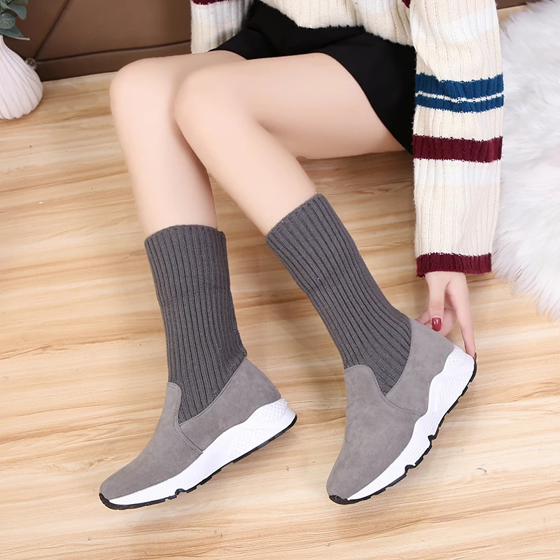 New Ladies Winter Knit Sneakers Women Shoes Designer Winter Sneakers Fur Warm Plush Sport Sock Boots Casual Shoes Female