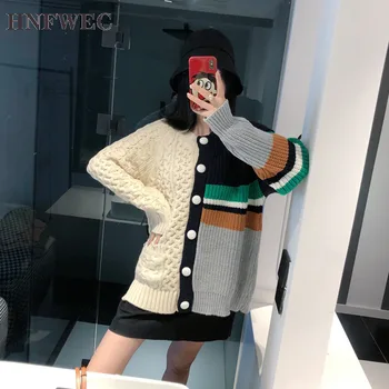 

2019 Autumn New Pattern Round Collar Hit Colors Knitting Patchwork Single Breasted Casual Sweater Women D411