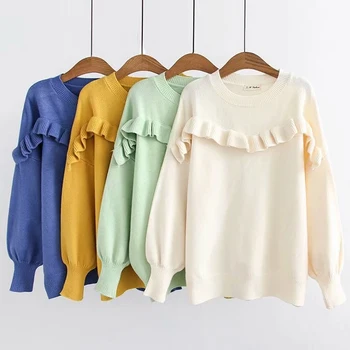 

Women Autumn Winter New Long Lantern Sleeve Loose Ruffled Sweaters Pullover Plus Size O Neck Sweet Knitted Ruffles Tops Jumper