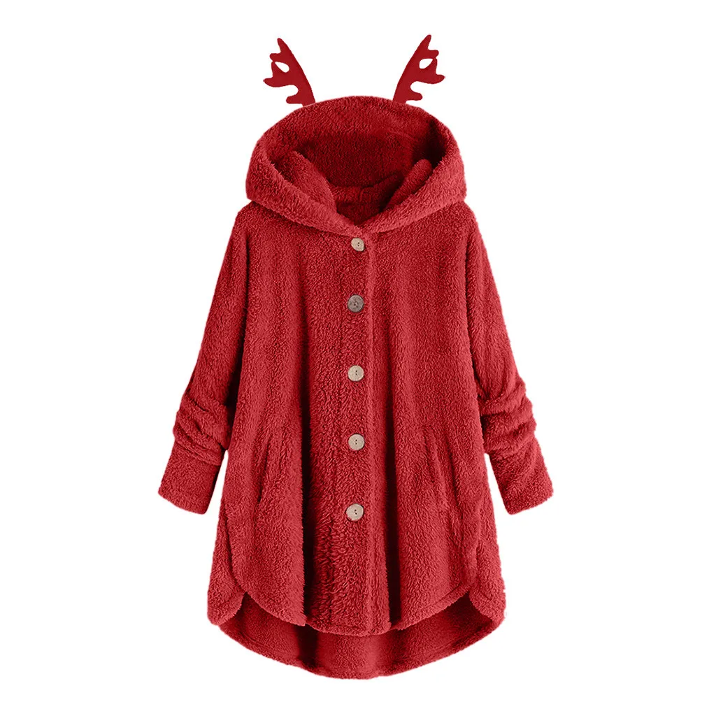 Рождественский женский свитер Kawaii С оленьими ушками, зимние теплые толстовки, теплые женские флисовые куртки, однотонный пуловер на пуговицах, плюшевая толстовка с капюшоном, Топ