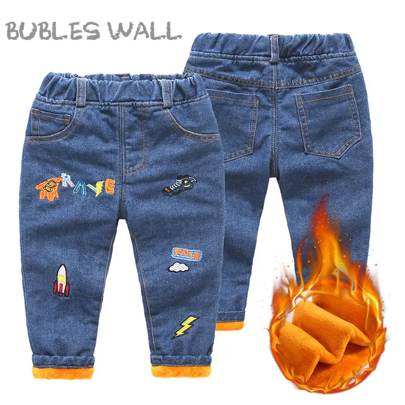 Bubles/новые зимние джинсы с вышивкой детские мягкие хлопковые джинсы детские зимние плотные теплые брюки детские штаны с эластичной резинкой на талии