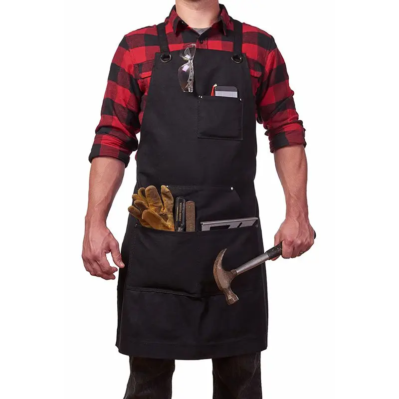 Canvas Work Apron with Tool Pockets Cross-Back Straps & Adjustable Apron Heavy Duty Apron With Pockets For Men and Women