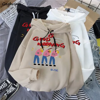 

Hoodies Women Hooded Plus Velvet Cartoon Printed Loose Classic Sweatshirts Pullover Students Tops Outerwear High Quality Clothes