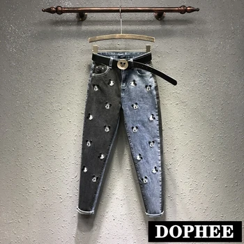 

High Street Personality Cute Cartoon Embroidered Jeans Female Trend Spring Fashion Color Block Denim Harem Trouser Stretch Pants