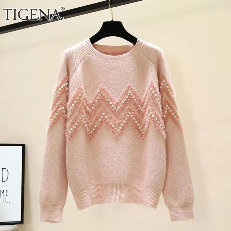 TIGENA Thick Warm Winter Sweater Women with Beading 2021 Soft Loose Long Sleeve Knitted Pullover Jumper Female Clothing Tops | Женская