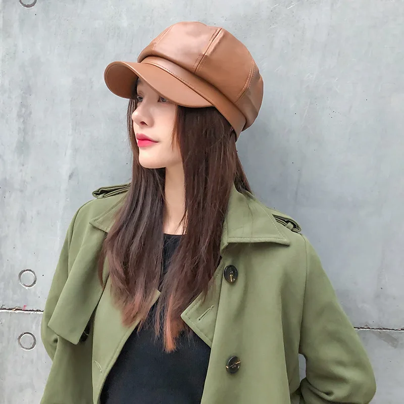 Newsboy Caps Women Pu Leather Beret Pure Color Black Painter Octagonal Cap Baker Boy Hat Adjustable Casquette Korean Style New Aliexpress Mobile