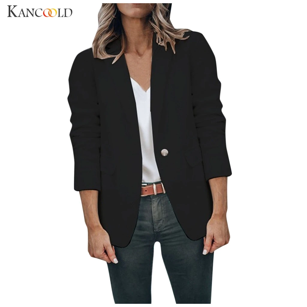 

KANCOOLD elegant Solid blazer Fashion Autumn Full sleeve outerwear notched pocket office casual tops Button Suit Jacket Coat 09
