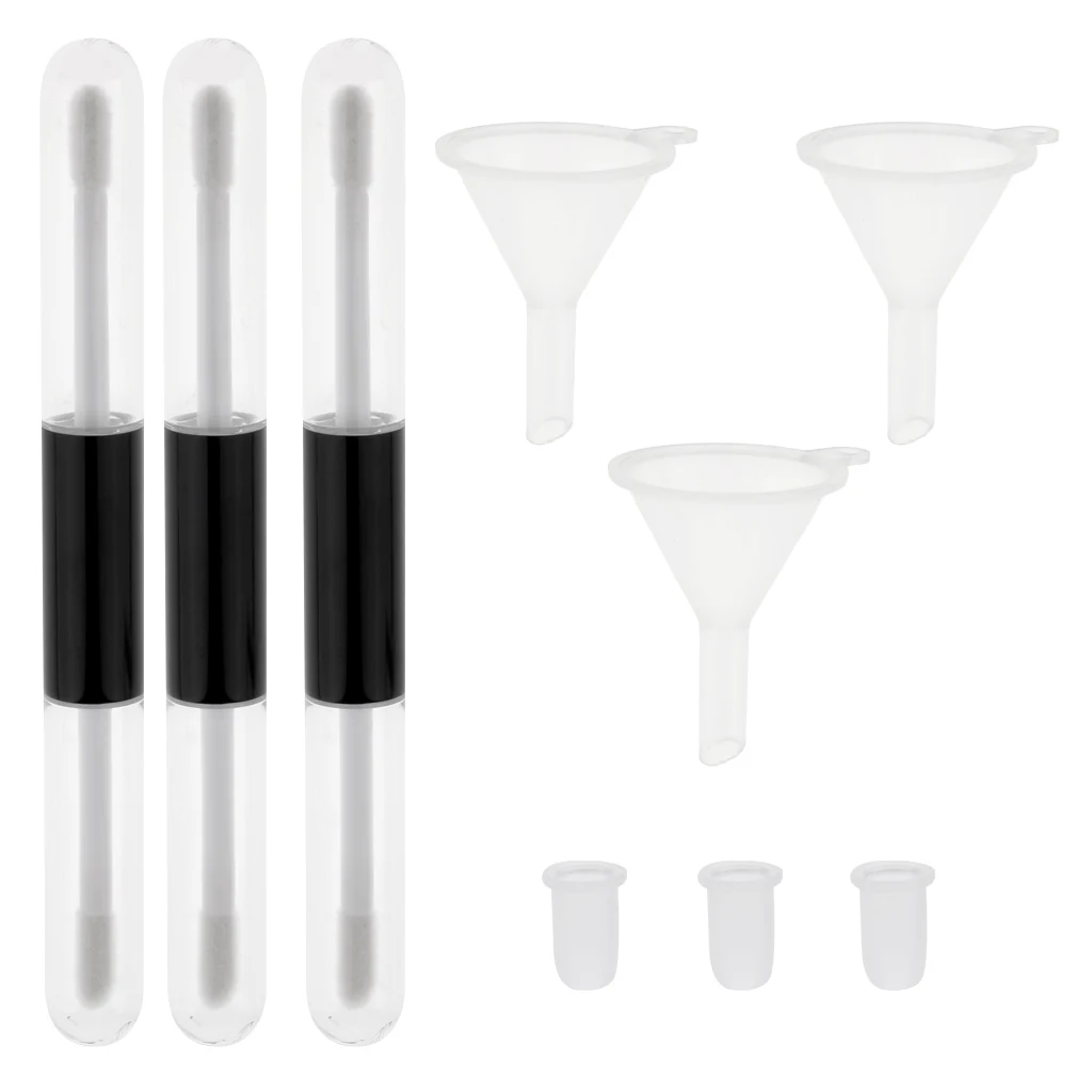 Double Head Plastic 4ml Empty Refill Clear Lip Gloss Tube Bottle Black Cap Container with Funnels , Rubber Inserts, Pack of 3 Double Head Plastic 4ml Empty Refill Clear Lip Gloss Tube Bottle Black Cap Container with Funnels , Rubber Inserts, Pack of 3