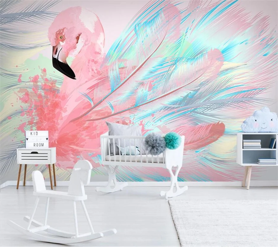 

Beibehang Custom wallpaper 3d murals modern minimalist hand-painted flamingo feather wallpaper Nordic tv background wall paper