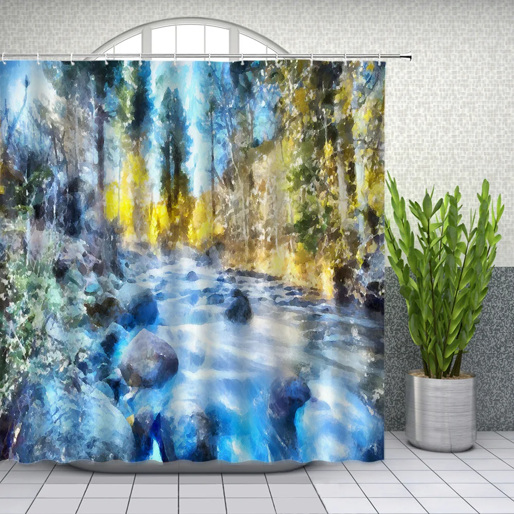 Painting Landscape Shower Curtains Winter Snow River Waterfall Scenery Bathroom Decor Home Bath Cloth Hanging Curtain Set Cheap | Дом и сад