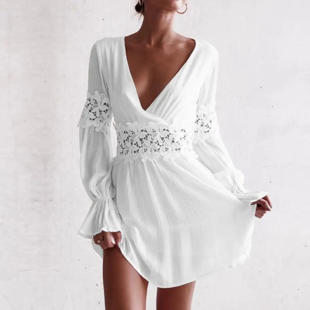 

The Fashion Women's Plain Lace Stitching V-Neck Mini Dress платье vestidos dirndl jurk 2019 #2S09