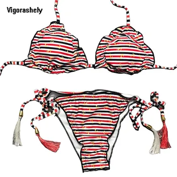 

Vigorshely Striped Swimwear Women 2019 Sexy Halter Bikini String Tied Swimsuit Female Ruffle Bikini Sets Bathing Suit Swim Wear