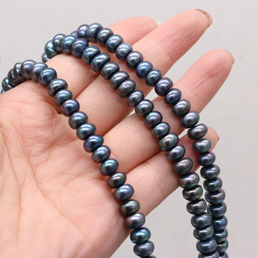 Natural Freshwater Pearls Black Flat Round Beads Jewelry Making for DIY Necklace Bracelet Accessories Size 8-9mm