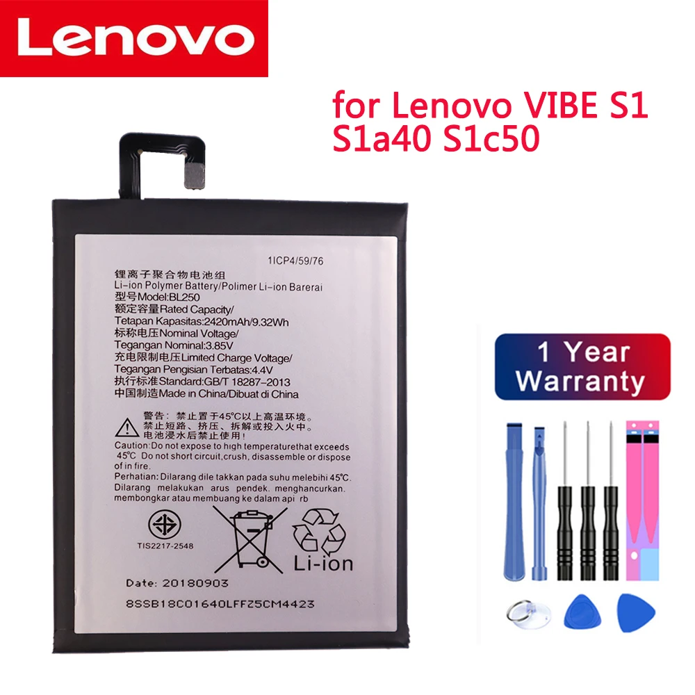 

100% Оригинальный аккумулятор BL250 2420 мАч для Lenovo VIBE S1 S1a40 S1c50 высококачественные bl250 литий-ионные Встроенные батареи для сотового телефона + Инструменты