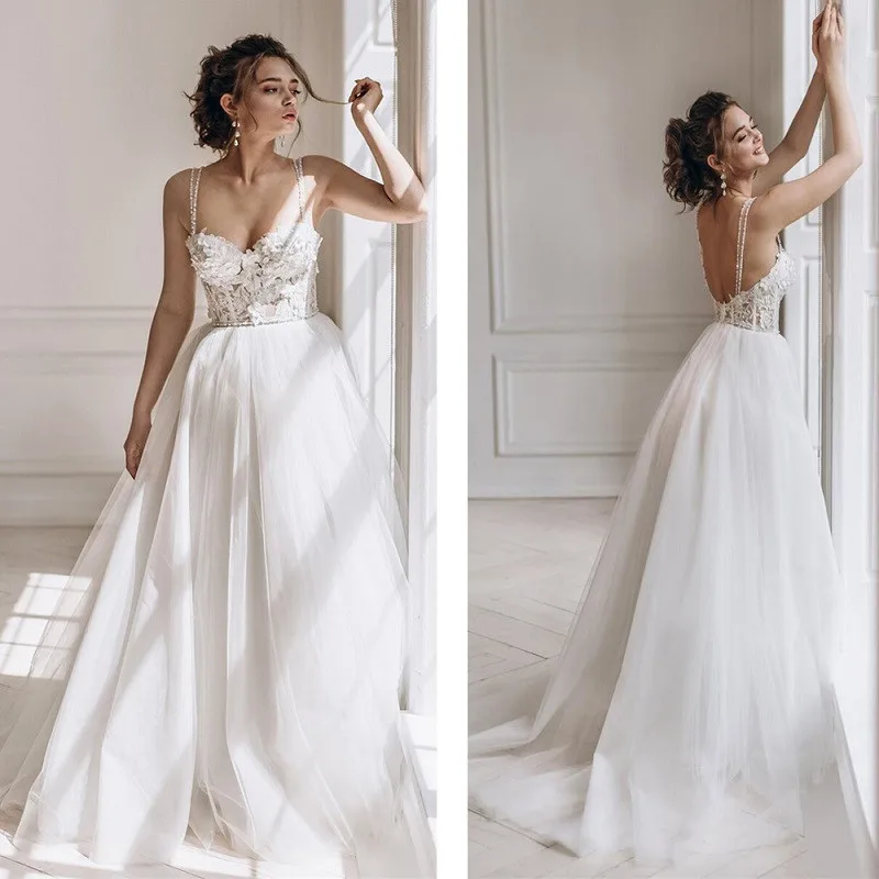 

Sexy Spaghetti Strips A-Line Tulle Lace Wedding Dresses Zipper Back Spring Custom Made Bridal Gowns Formal Garden Bride Dress