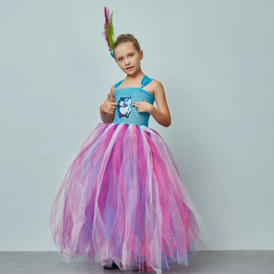 Fluffy Girls Blue Owl Gown Tutu Dress With Feather Hair Clip Children Birthday Party Pageant Animal Costume Kids Photo Dress (3)