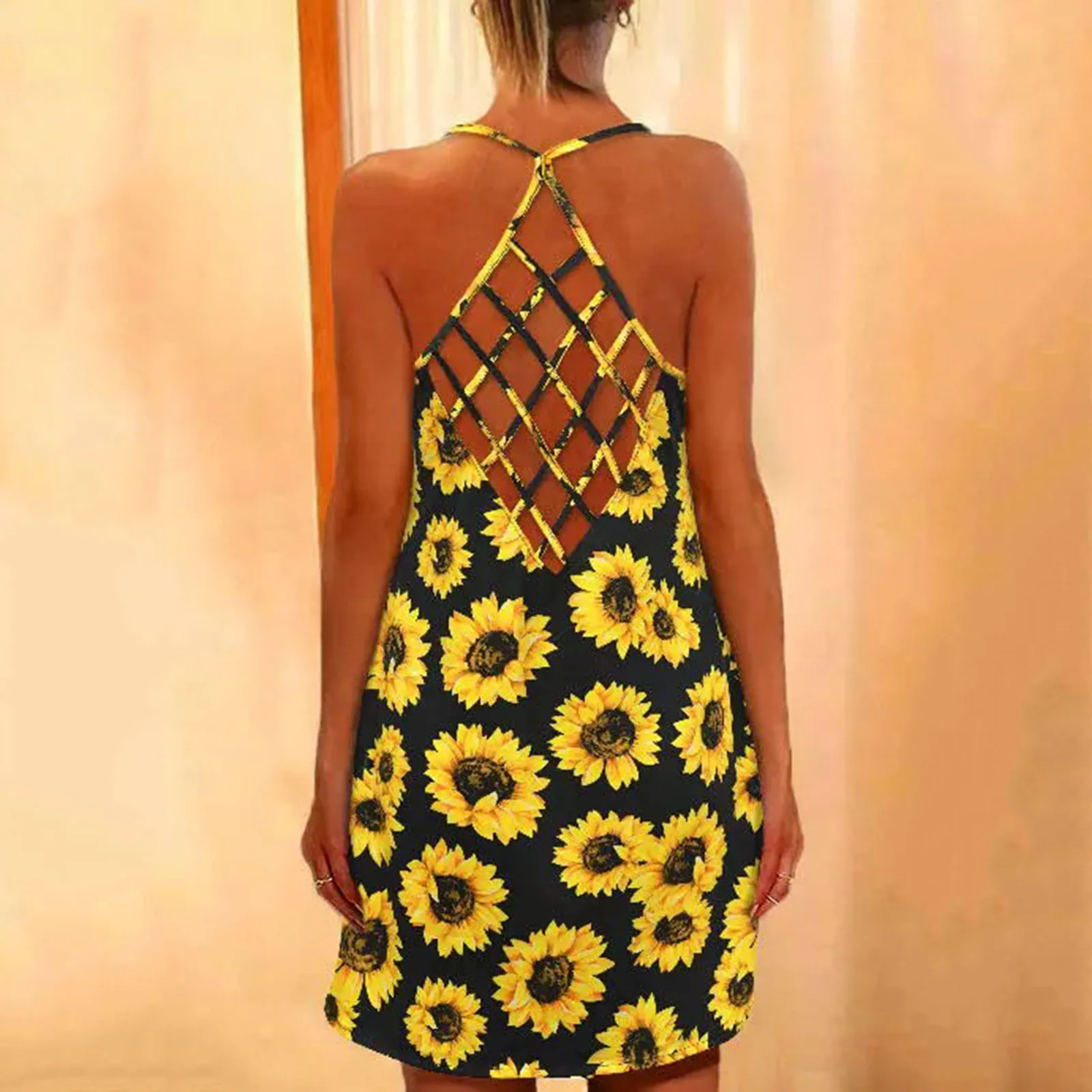 Sunflower Print Women Dress Halter Neck Boho Sleeveless Casual Beachwear Dresses Fashion Sexy