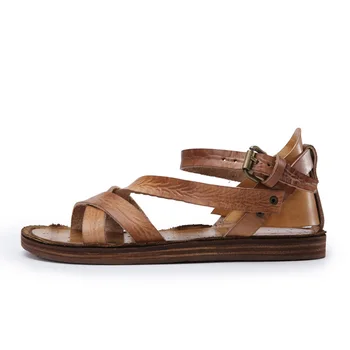 

2020 New Handmade Vintage Sandals Men Summer Open Toe Hollow Shoes Cow Leather Outdoor Beach Sandals Black Gladiator Sandals
