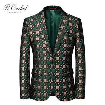 

PEORCHID Green Blazer Slim fit Men Coats Suits Giacca Uomo Elegante Party Prom Banquet Stage Costume Check Stylish Jackets Men