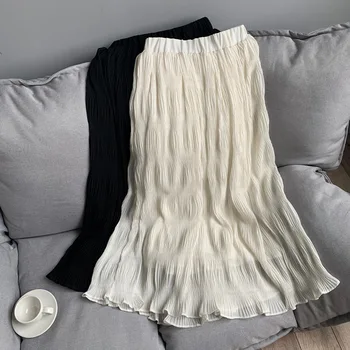 

2020 Pure Color Women Summer Beige Skirts High Waist Vintage Small Pleated Skirt Faldas Jupe Femme Women Boho Long Skirt Saia